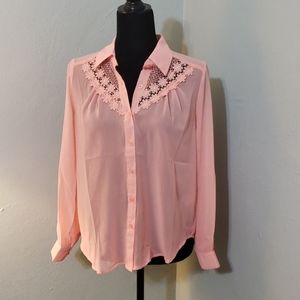 Pearl sheer pink lace collar blouse button down sz S